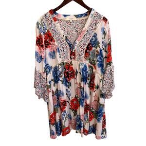 Umgee Floral Boho Tunic Dress Mixed Print Bell Sleeve Size XL